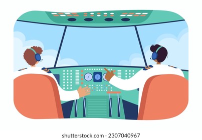 Pilotos interraciales en ilustraciones vectoriales de cabina. Vista posterior de los profesionales que vuelan y aterrizan en avión, señalando o pulsando botones. Diversidad, comunidad inclusiva, concepto de ocupación