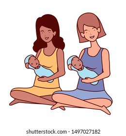 interracial pregnancy mothers seated lifting little babies characters