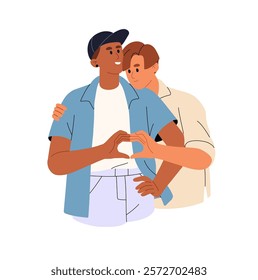 Interracial romantic couple of gays hand gesturing sign of love, heart together. Homosexual beloveds, lovers hug, cuddle. LGBT relationships. Flat isolated vector illustration on white background