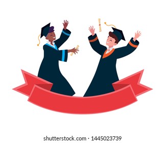 interracial students boys graduated celebrating with ribbon