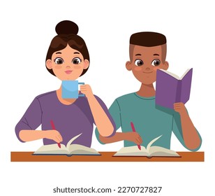 interracial students couple studying characters