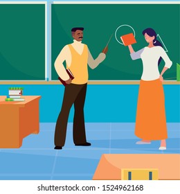 interracial teachers couple in the classroom characters vector illustration design