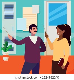 interracial teachers couple in the school corridor vector illustration design