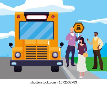 interracial teachers group in bus stop