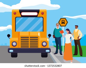 interracial teachers group in bus stop