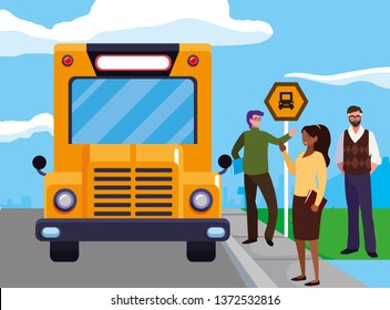 interracial teachers group in bus stop