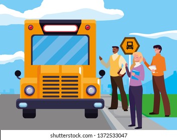 interracial teachers group in bus stop