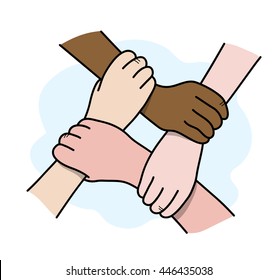 Interracial Teamwork, a hand drawn vector illustration of 4 hands interlocking with each other, isolated on a simple background.