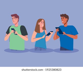 interracial three persons using technology vector illustration design