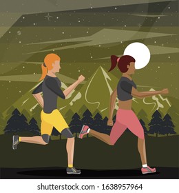 interracial women couple running at night in the field scene vector illustration design