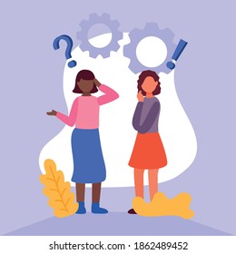 interracial women doubting with question marks and gears vector illustration design