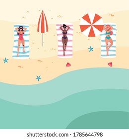 interracial women on the beach practicing social distance vector illustration design