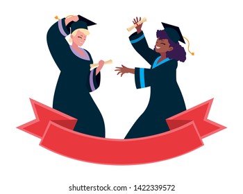 interracial women students graduated celebrating with ribbon