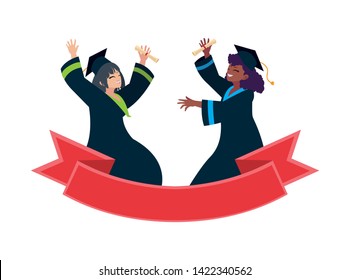 interracial women students graduated celebrating with ribbon