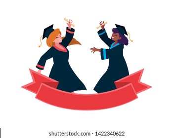 interracial women students graduated celebrating with ribbon