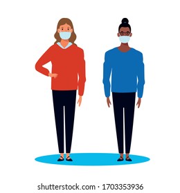 interracial women using face masks for covid19 vector illustration design