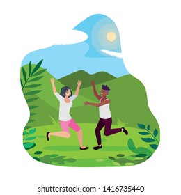 interracial young couple celebrating in the camp