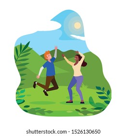 interracial young couple celebrating in the camp vector illustration design