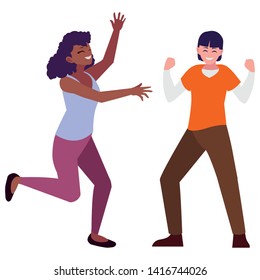 interracial young couple celebrating characters