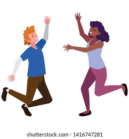 interracial young couple celebrating characters