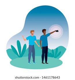 interracial young men friends taking a selfie in the park