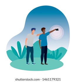 interracial young men friends taking a selfie in the park
