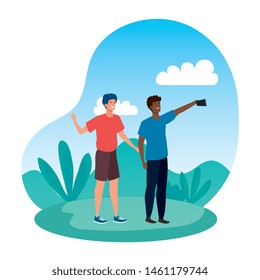 interracial young men friends taking a selfie in the park