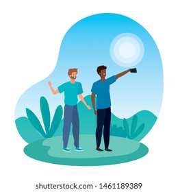 interracial young men friends taking a selfie in the park
