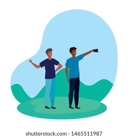 interracial young men friends taking a selfie in the park