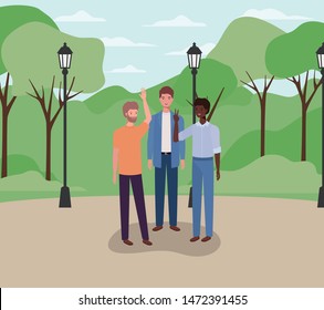 interracial young men group in the park characters