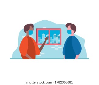 interracial young men wearing medical masks in the house vector illustration design