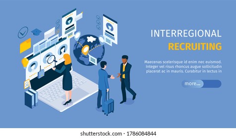 Interregional recruiting program landing page with standing on laptop agent searching candidates isometric web banner vector illustration 