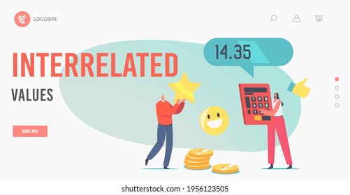 Interrelated Values Landing Page Template. Price and Quality Balance. Tiny Characters Holding Huge Calculator and Gold Star. Customer Satisfaction with Product Cost. Cartoon People Vector Illustration