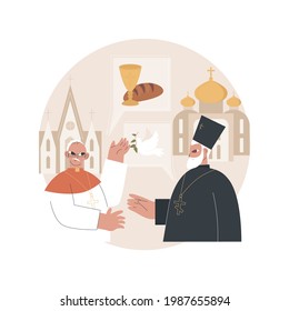 Interreligious dialogue abstract concept vector illustration. Different traditions, religious symbol, members interaction, orthodox church, handshake, christian pope, conference abstract metaphor.