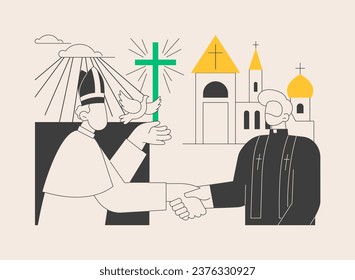 Interreligious dialogue abstract concept vector illustration. Different traditions, religious symbol, members interaction, orthodox church, handshake, christian pope, conference abstract metaphor.