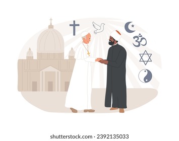 Interreligious dialogue isolated concept vector illustration. Different traditions, religious symbol, members interaction, orthodox church, handshake, christian pope, conference vector concept.