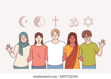 Comprensión interreligiosa de las personas que predican el islam y el cristianismo o el budismo y el judaísmo con el hinduismo. La amistad interreligiosa ayuda a la paz y la prosperidad de las diferentes naciones