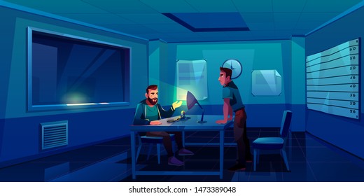 Interrogation of criminal in police station, policeman interviewing suspect man sitting in dark room with handcuffs on table, lamp glowing into face and window, testify. Cartoon vector illustration