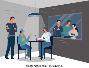 Interrogation of guilty man or police crime investigation on investigate room background. People cartoon characters of policemen, lawyer and citizens in police station. Flat vector illustration.