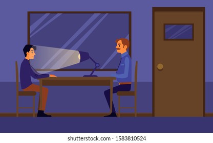 Interrogation of guilty or suspected man in police station, flat cartoon vector illustration in investigation room interior. Policeman, detective or officer job.