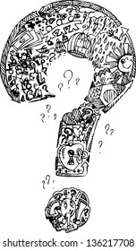 Interrogation mark full of sketched doodle things in black and white