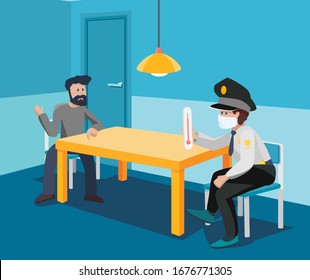 Interrogation room with a customs officer and a sick passenger immigrant to the coronavirus, the spread of the virus and pandemic. Vector modern flat cartoon style art illustration concept.