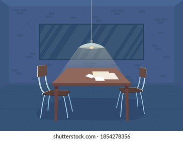 Interrogation Room Flat Color Vector Illustration. Police Department. Detective Office. Detention For Crime Suspect. Empty Investigation Room 2D Cartoon Interior With Two Sided Mirror On Background