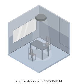 Interrogation Room In The Police Department. Empty And Dark Room. Interrogation Of The Suspect. Isometric Style. Vector Illustration.