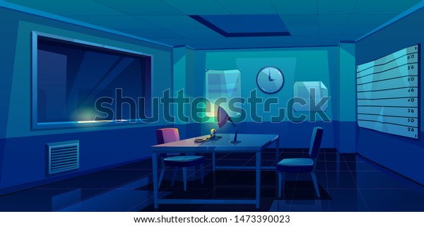 Interrogation room in police station, dark\
empty interior for questioning crimes with handcuffs and glowing\
lamp on table, place for interview arrested people in night time\
Cartoon vector\
Illustration