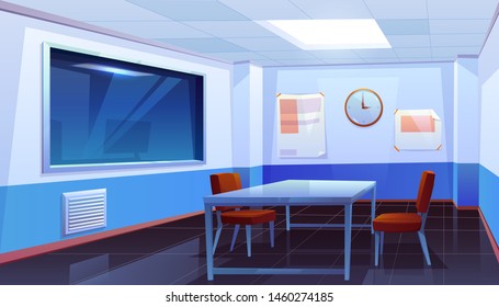 Interrogation Room In Police Station, Empty Interior For Questioning Crimes With Table, Chairs, Clock On Wall And Huge Glass Window, Place For Interview Arrested People. Cartoon Vector Illustration