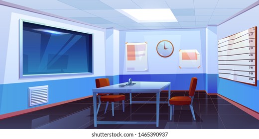 Interrogation Room In Police Station, Empty Interior For Questioning Crimes With Handcuffs On Table, Height Scale And Glass Window, Place For Interview Arrested People. Cartoon Vector Illustration