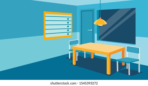 Interrogation Room In Police Station, Empty Interior For Questioning Crimes With Table And Two Chair, Height Scale And Glass Window, Door, Place For Interview Arrested People. Vector Illustration.