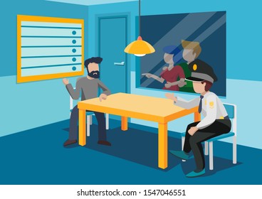 Interrogation Room With A Table, Two Chairs, Rear Window, Lamp On Top.At The Table, A Policeman And A Criminal. Behind The Glass, A Girl With A Man.  Vector Illustration.