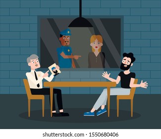 Interrogation room with a table, two chairs, window and lamp . Detective and a criminal at the table. Behind the glass a girl with a policeman. Vector illustration.